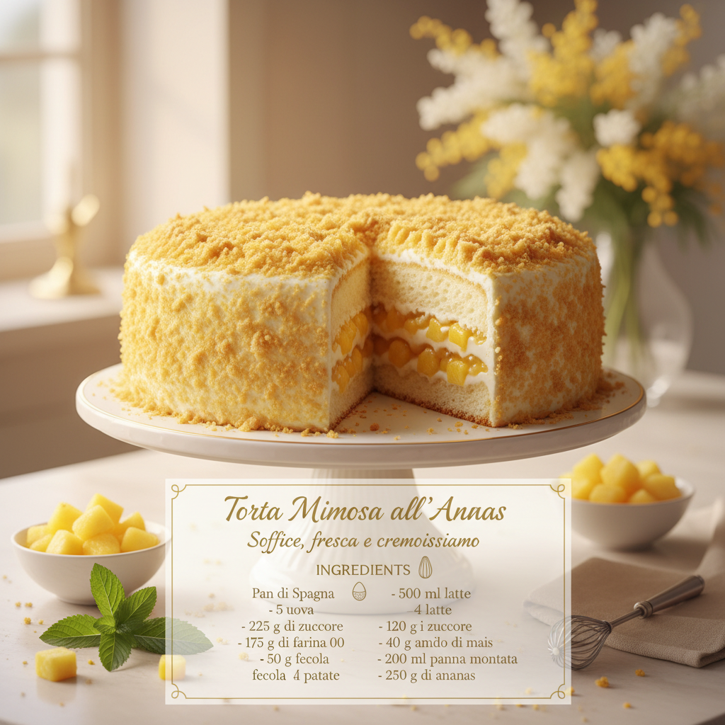 Torta Mimosa all'ananas con crema al mascarpone e panna e decorazione di pan di Spagna