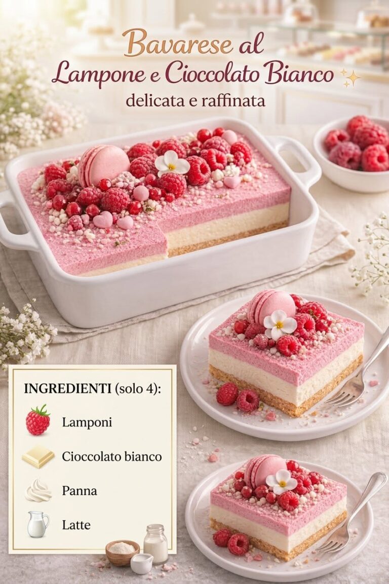 Bavarese al lampone e cioccolato bianco decorata con lamponi freschi