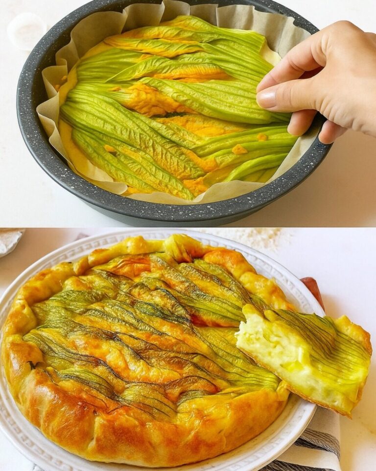 Torta salata rotonda ricoperta con fiori di zucca