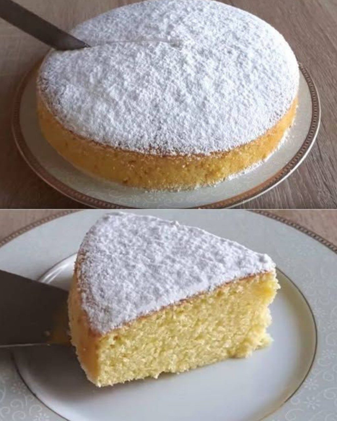 Torta rotonda chiara con zucchero a velo e una fetta tagliata