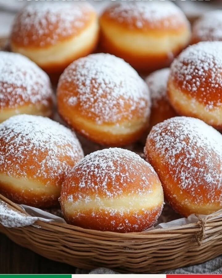 Bomboloni rotondi dorati con zucchero a velo