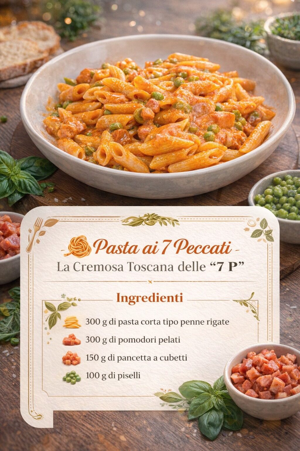 Penne con salsa rosata, piselli e pezzetti di pancetta