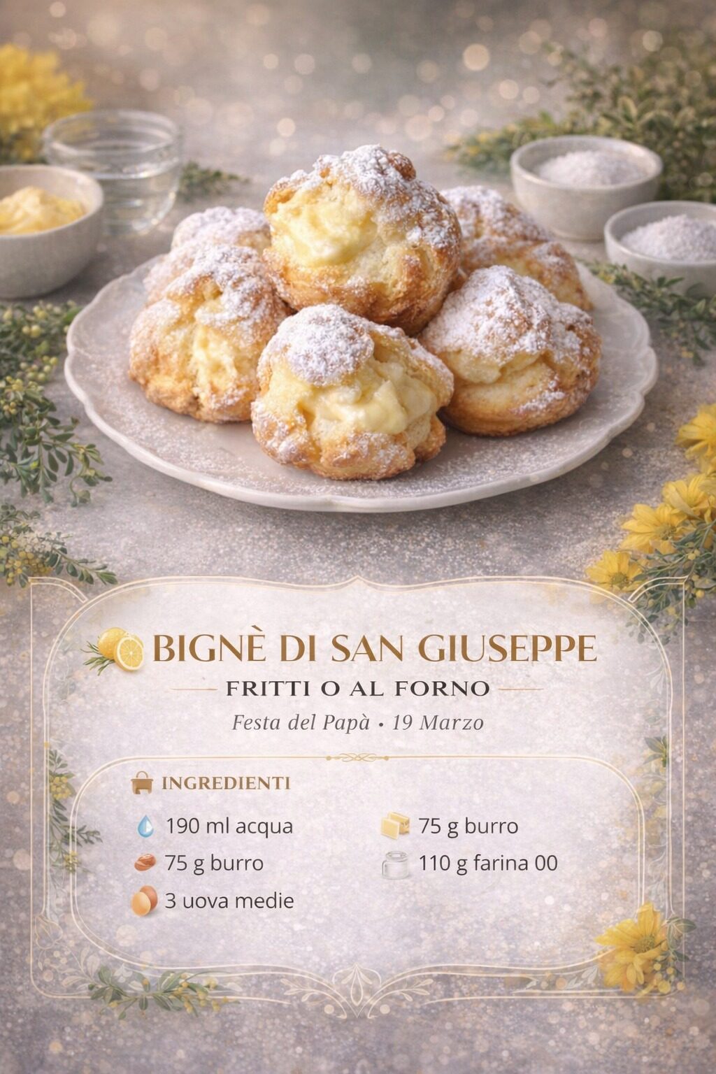 Bignè dorati farciti con crema e cosparsi di zucchero a velo