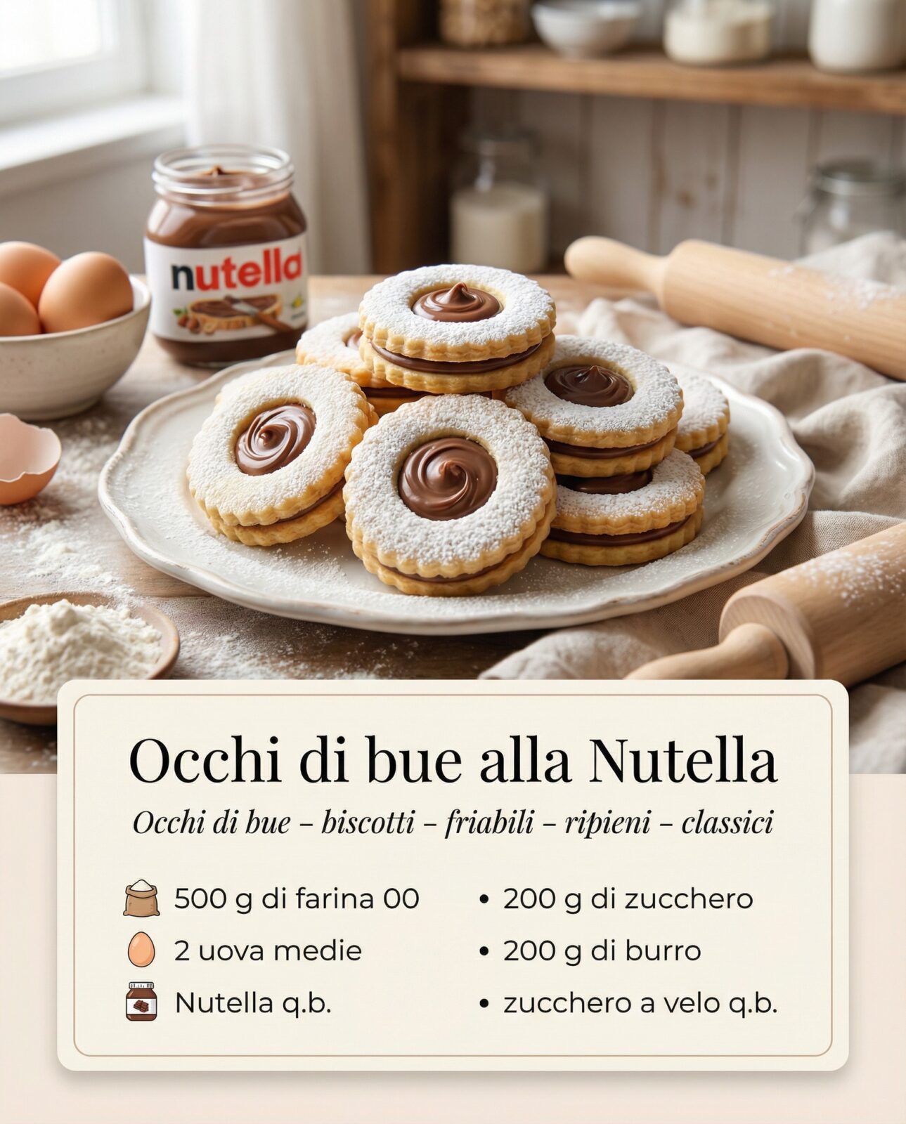 Biscotti occhi di bue con zucchero a velo e crema alla nocciola
