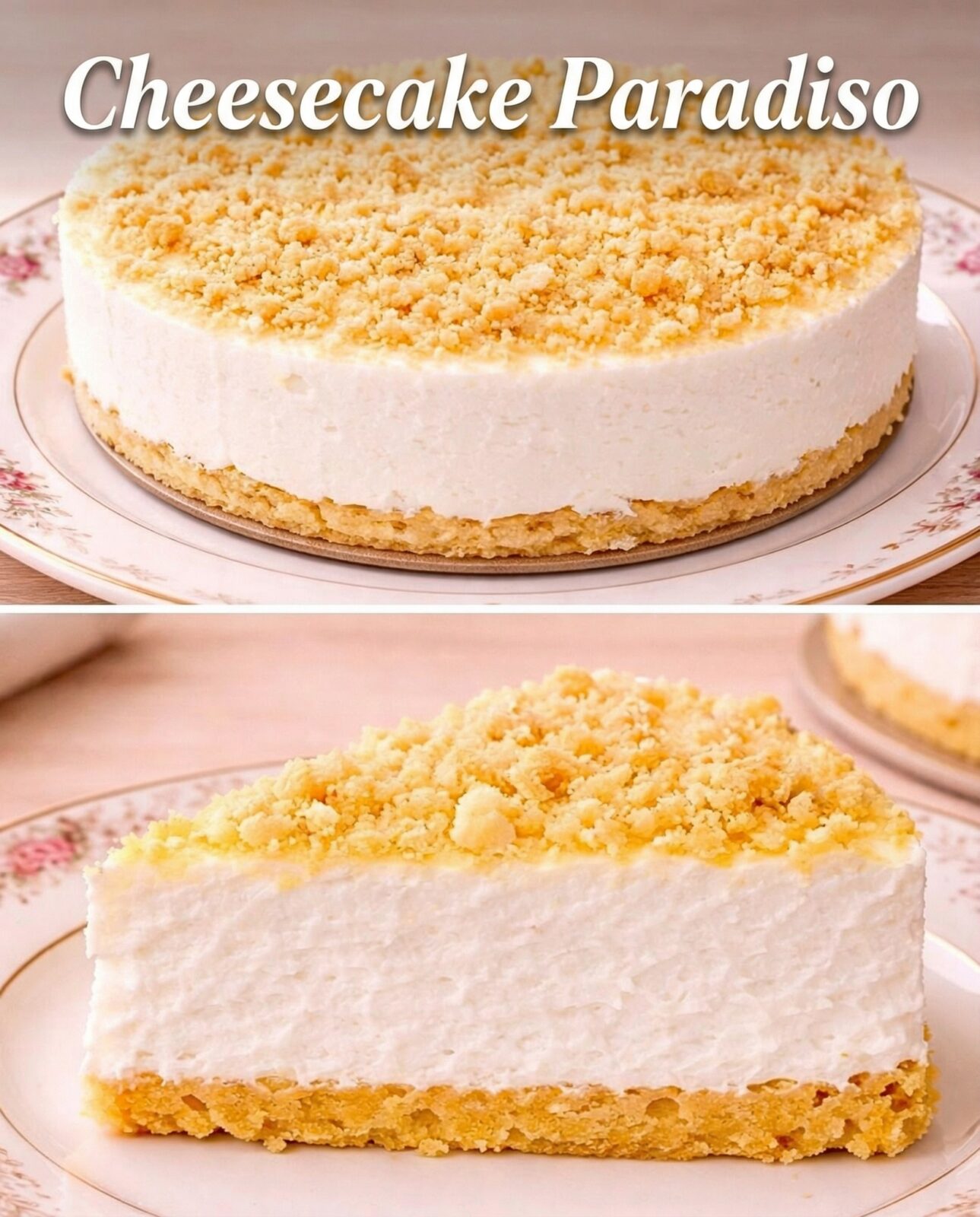Cheesecake chiara con base e copertura di briciole dorate
