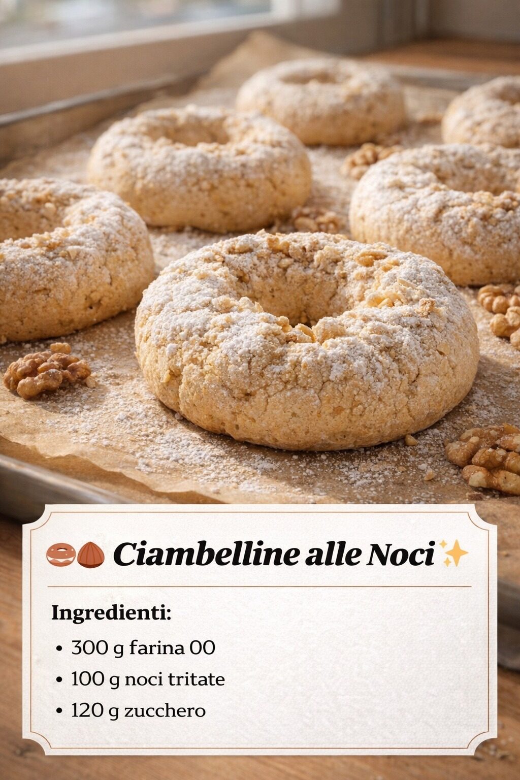 Ciambelline rustiche alle noci cosparse di zucchero a velo