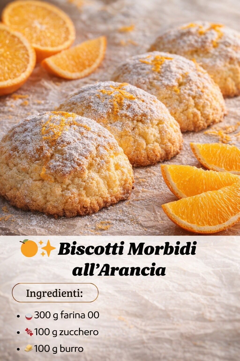 Biscotti all’arancia con superficie screpolata e zucchero a velo