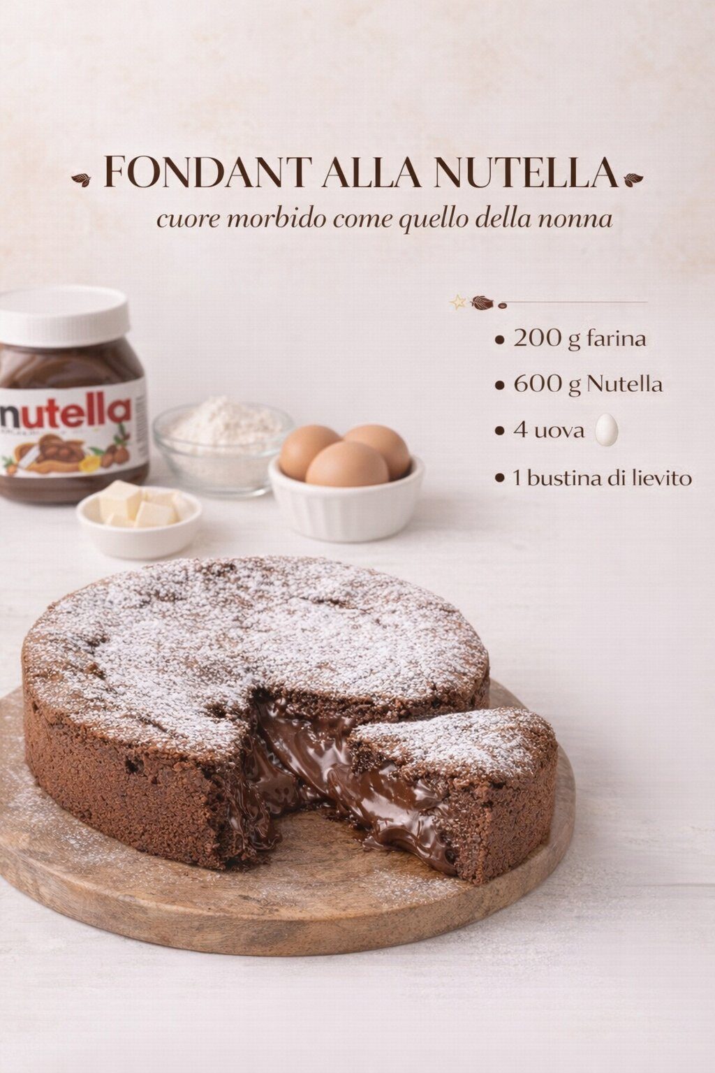 Torta scura alla Nutella con zucchero a velo e una fetta tagliata