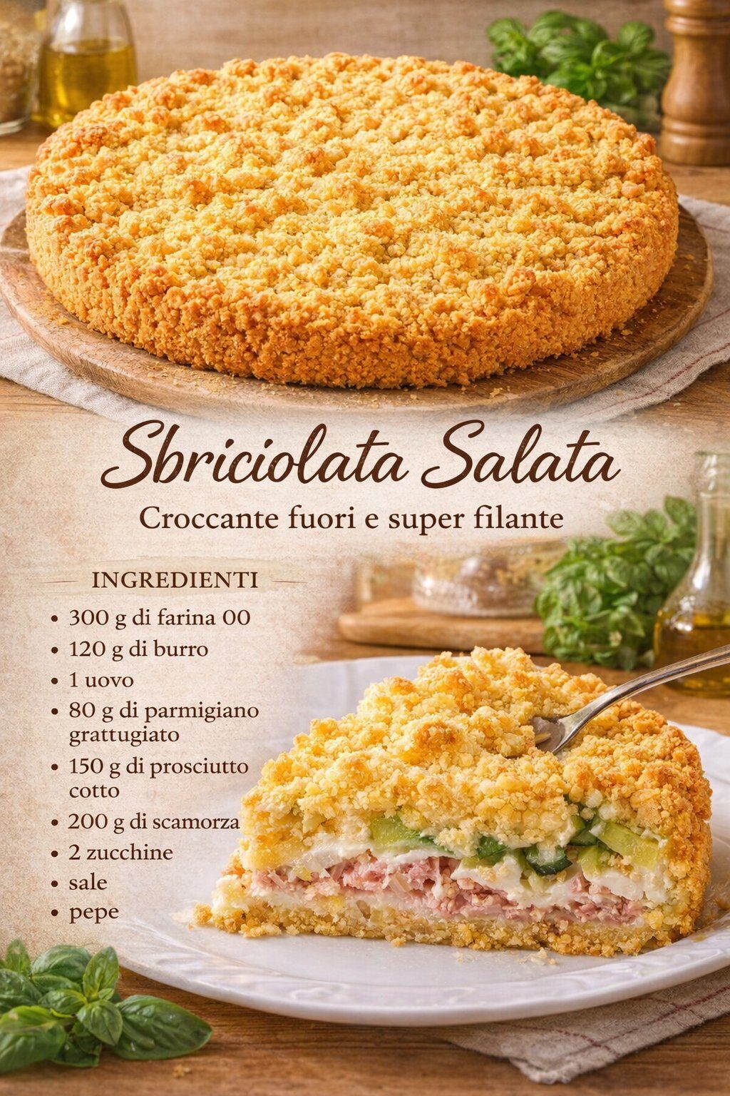 Sbriciolata salata con ripieno di zucchine, prosciutto e formaggio