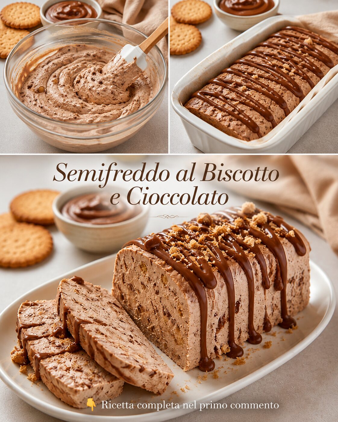 Semifreddo al cioccolato in forma di plumcake con biscotti e fili di cioccolato