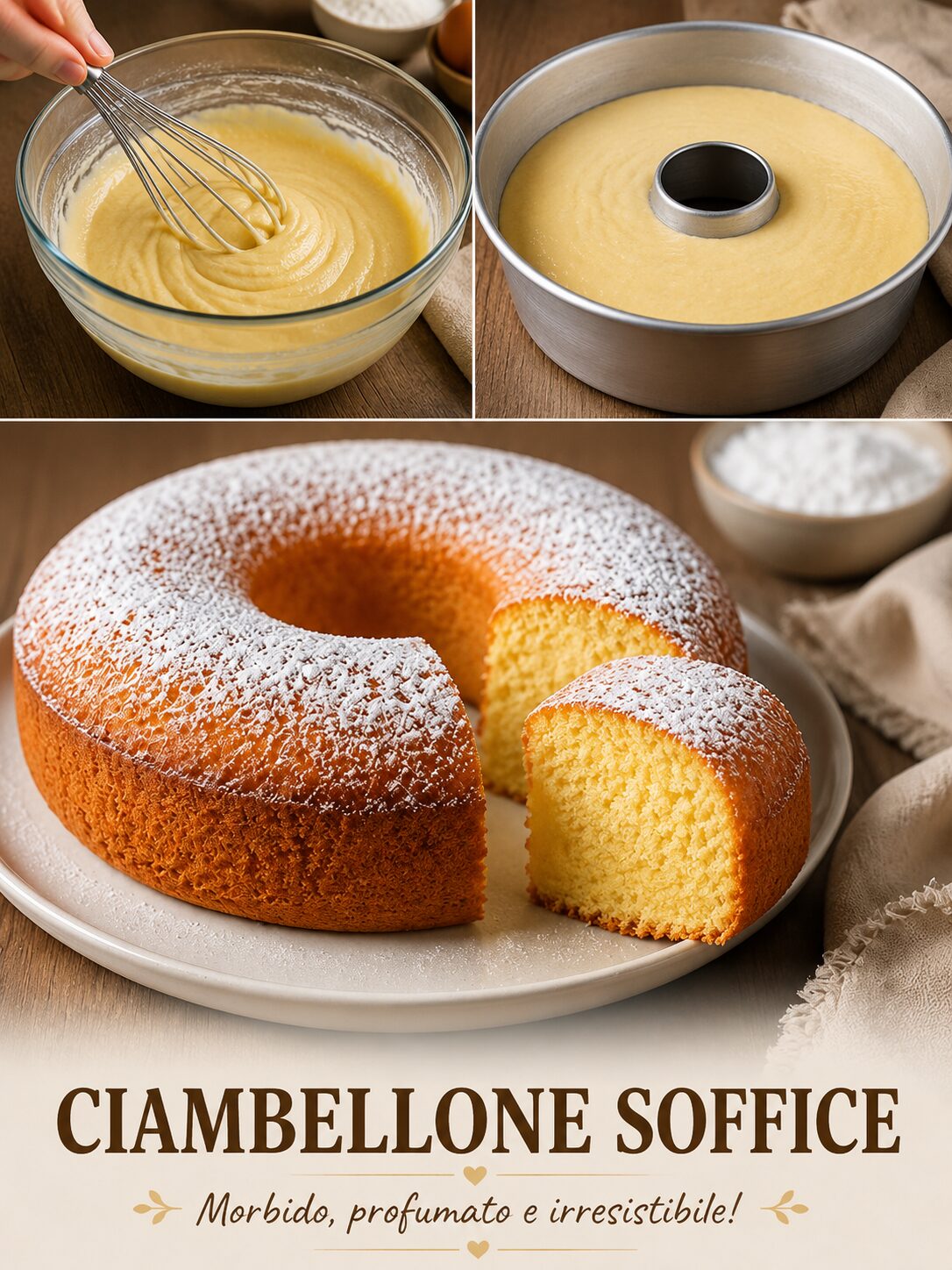 Ciambellone dorato con zucchero a velo e una fetta di mollica chiara