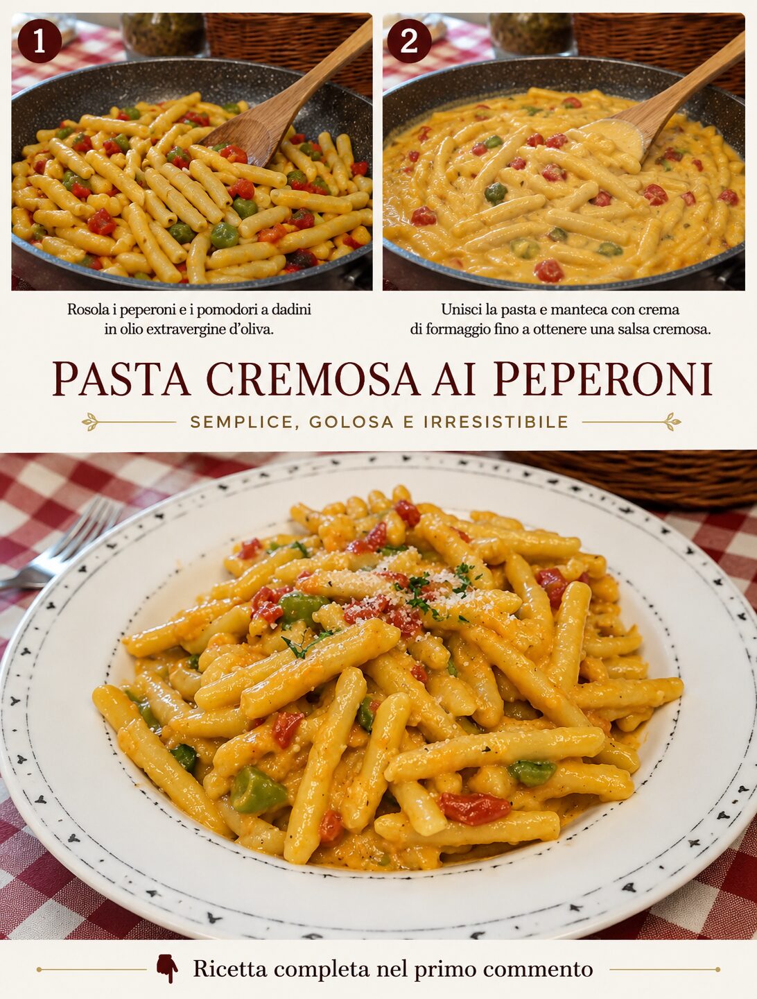 Pasta corta con crema gialla, peperoni a pezzetti e pomodorini