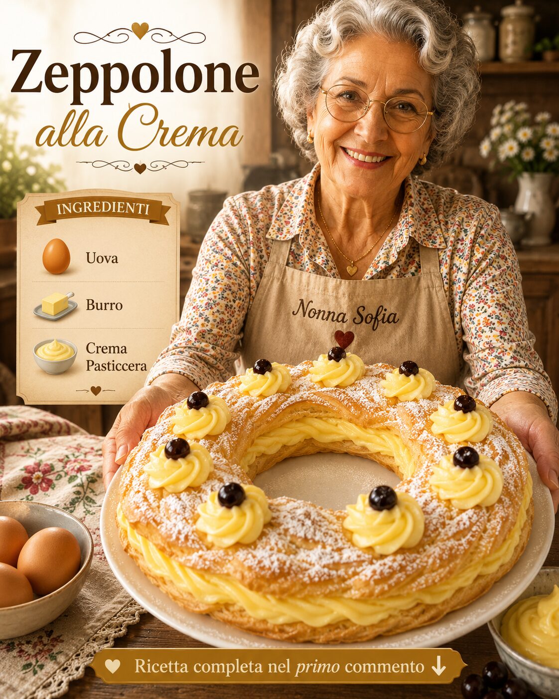 Corona grande di pasta choux con crema, amarene e zucchero a velo