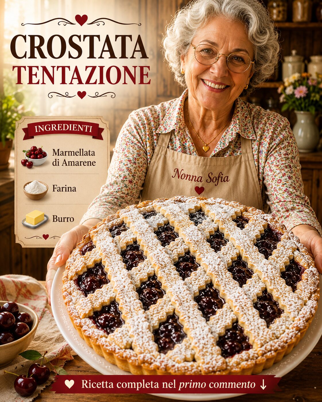Crostata con griglia di pasta frolla e confettura scura di amarene