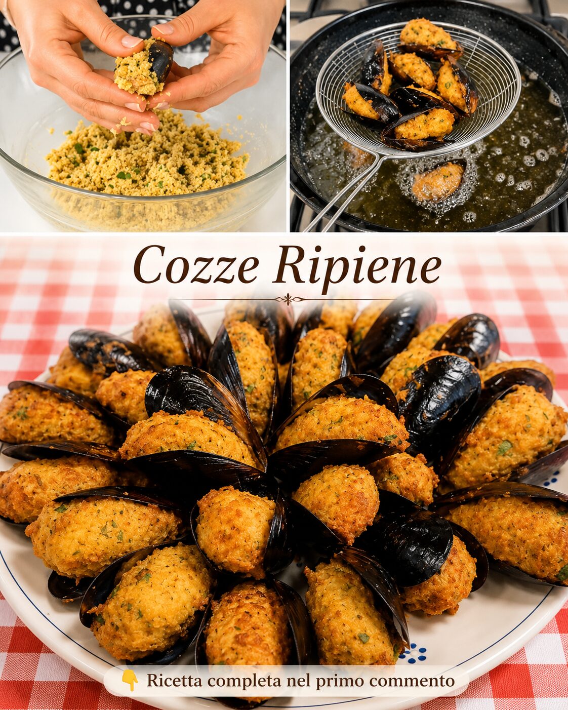 Cozze nei gusci con ripieno dorato di pane aromatizzato