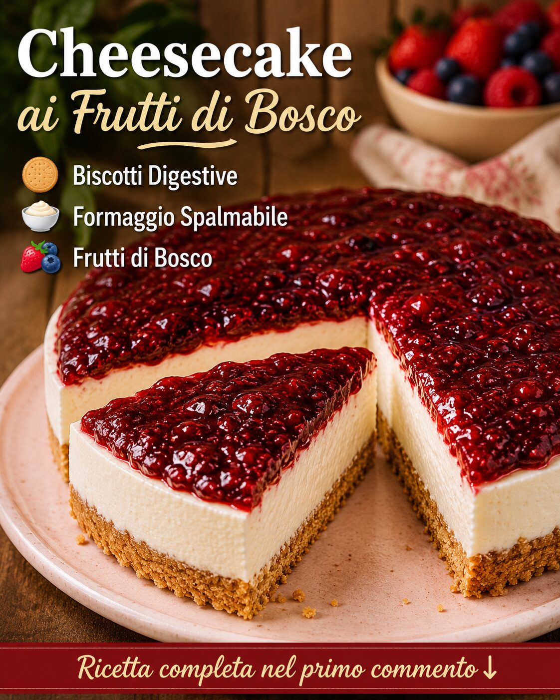 Cheesecake chiara con base di biscotti e copertura di frutti di bosco