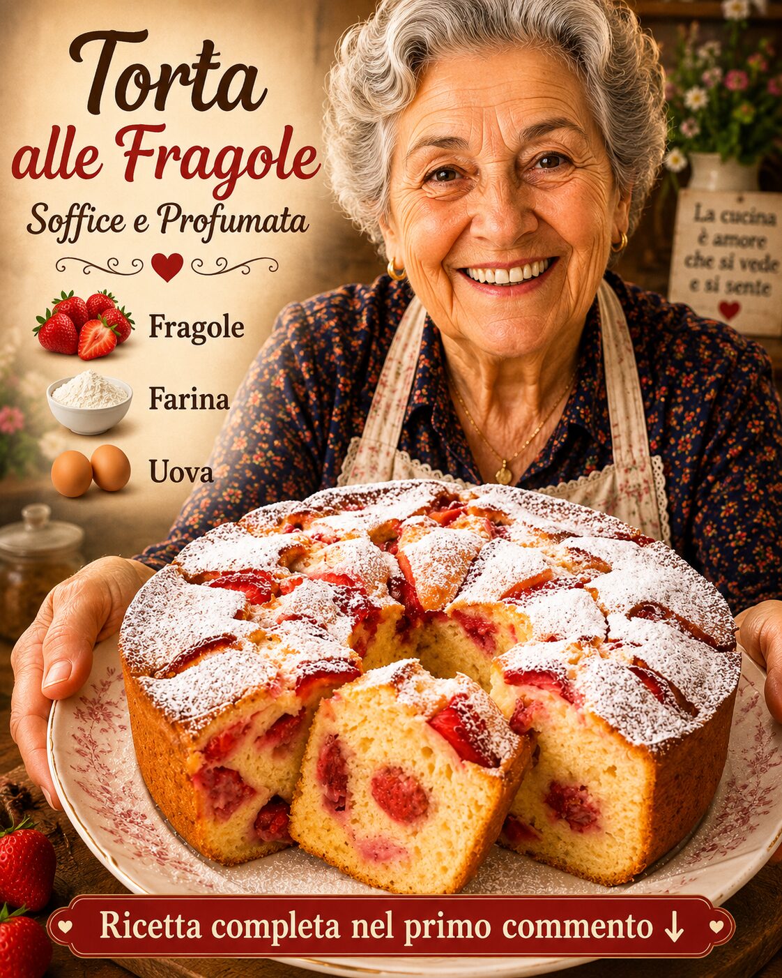 Torta rotonda con fragole visibili in superficie e nella fetta