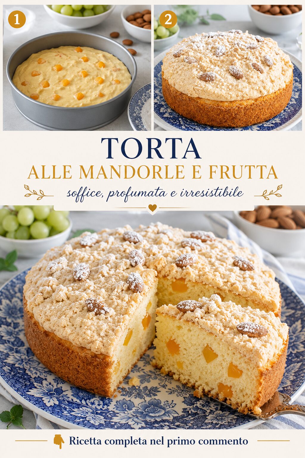 Torta con mandorle a lamelle e piccoli pezzi arancioni nella mollica
