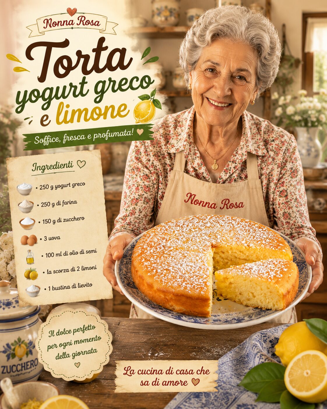 Torta rotonda chiara al limone con zucchero a velo e una fetta tagliata