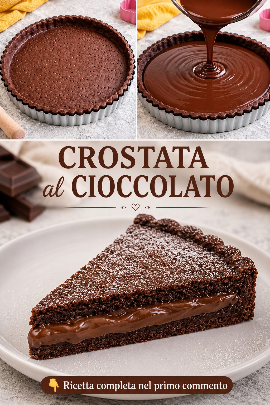 Crostata scura con ripieno lucido al cioccolato e zucchero a velo