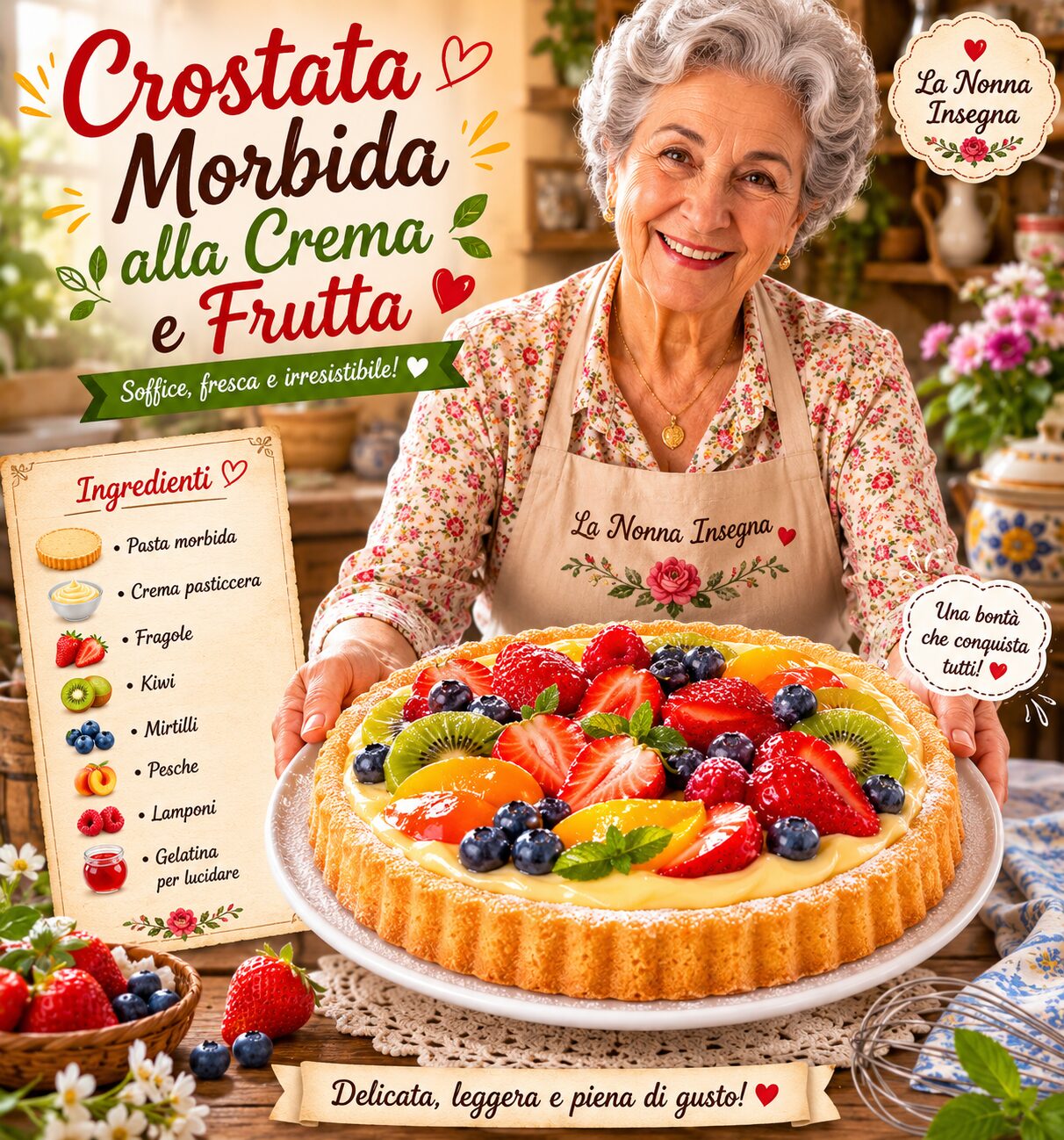 Crostata morbida con crema chiara e frutta fresca colorata