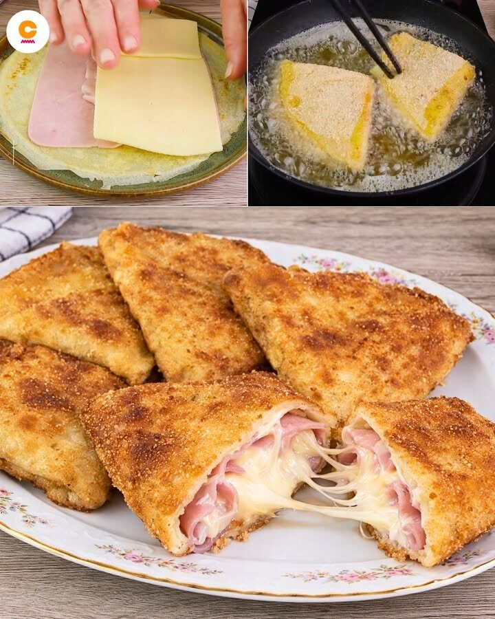 Triangoli di pane impanato e fritto con prosciutto e formaggio filante